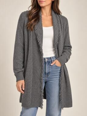 Jamison Womens Cardigan XL Charcoal Shawl Fringe Open Longline Oversized Cozy